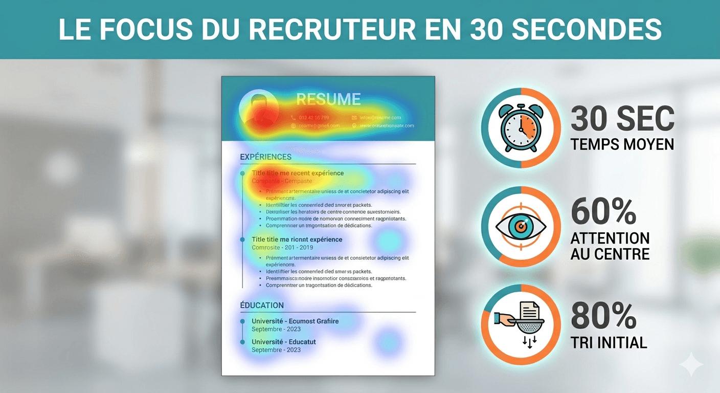 Heatmap attention recruteur sur un CV : 80% des candidatures triées par ATS avant lecture humaine en 2026