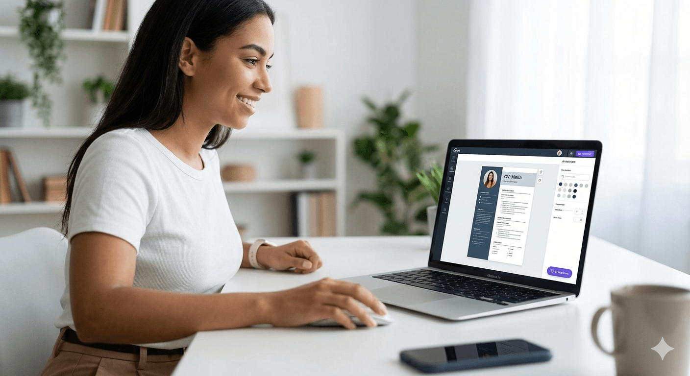 Une femme professionnelle en train de concevoir un CV moderne sur son ordinateur portable